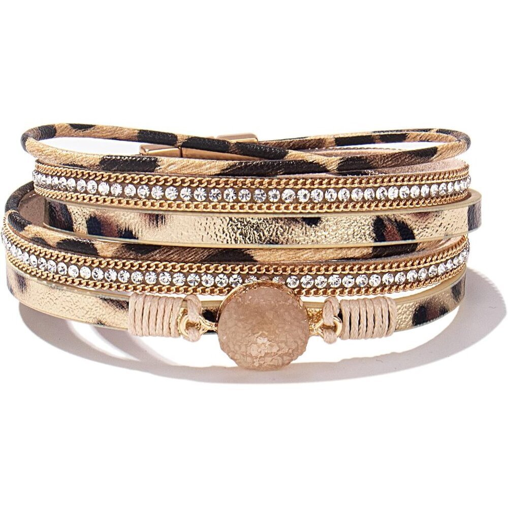 Boho Leather Wrap Bracelet with Druzy Quartz and CZ Jewelry for Women